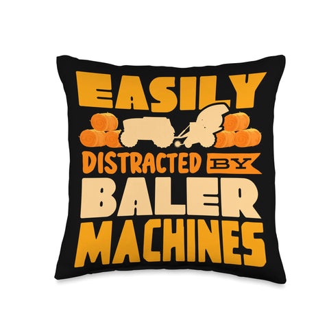 Country Hay Bale Farming Throw Pillow For Farmers And Farmhouse Decor Hay Season Themed Pillow With Durable Polyester Cover Double Sided Print Hand Cut And Sewn Baler Machines Inspired Farmhouse Cushion featuring 'Easily Distracted by Baler Machines' text and hay bale graphic.