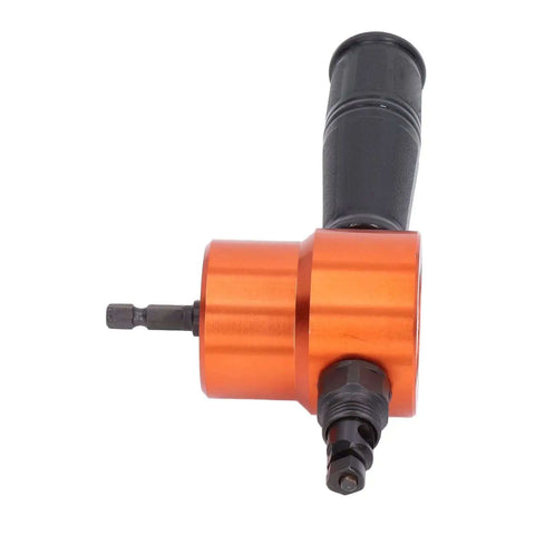 Dual Head Electric Nibbler Attachment With 360 Degree Cutting For Metal Sheets, orange and black drill attachment shown
