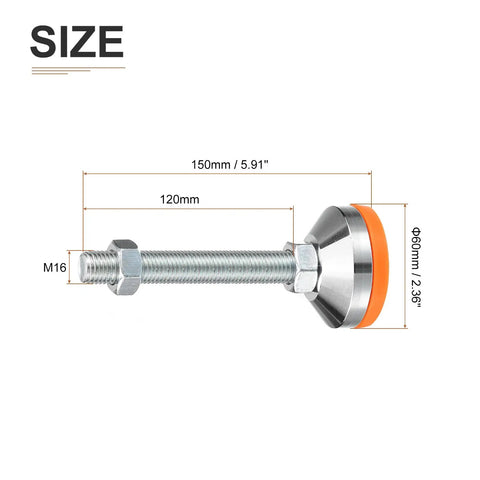 Tough As Nails Carbon Steel Swivel Leveling Feet M16 Thread Adjustable Mounting Hardware, shown with dimensions 150mm length, 120mm thread.