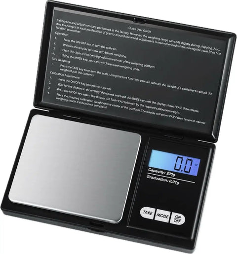 Dope Portable Digital Pocket Scale 0.01g Precision, 1000g Max, Backlit LCD Display, open showing tare and mode buttons