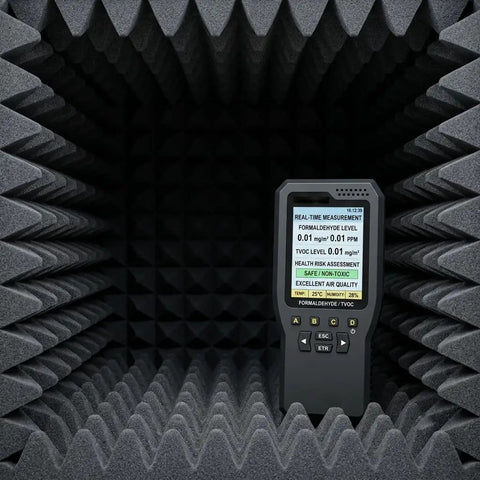 High Density Soundproof Foam Panels With Hella Strong Self Adhesive Backing For Zero Drama Home Studio Acoustic Dampening Treatment Tiles Full Surface Matte Black, acoustic testing device in foam enclosure.