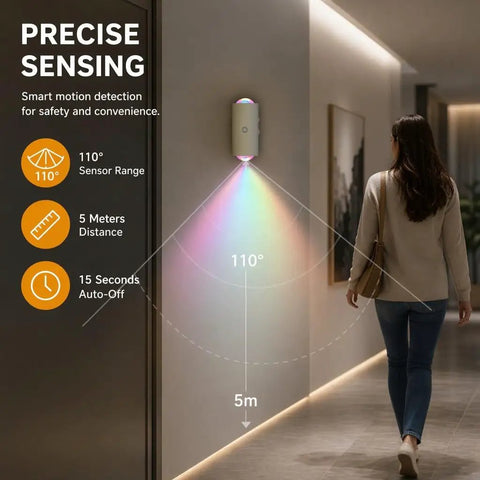 Motion Sensor Night Light With USB C Rechargeable RGB Wall Light For Hallways And Stairs Auto On In Darkness woman walking below light