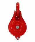 Front view of Half-Ton Heavy Duty Single Sheave Yarding Block With Shackle Pulley For Cable And Wire Rope, 1000 Lbs WLL, Red Powder Coated Finish