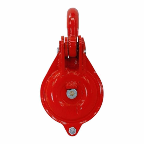 Front view of Half-Ton Heavy Duty Single Sheave Yarding Block With Shackle Pulley For Cable And Wire Rope, 1000 Lbs WLL, Red Powder Coated Finish