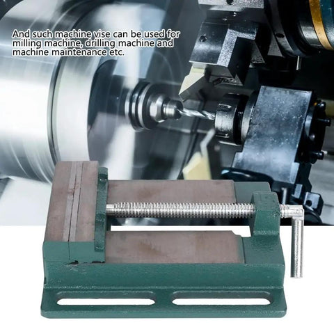Beefy Five Inch Machine Vise With Widened Jaws for woodworking and drill press tasks, heavy duty cast iron clamp in workshop use