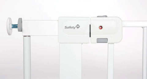 No Sweat Easy Install Baby Gate for Doorways with Auto Close Magnetic Latch, white, close-up of latch mechanism