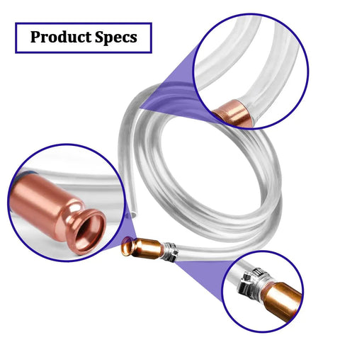 Heavy Duty Car Gas Siphon Hose Pump 5.9 Foot showing clear PVC hose and brass fittings for transferring fuel and oil.