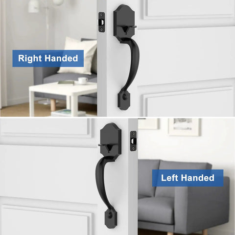 Black Front Door Knob And Deadbolt Set With Reversible Handle showing right and left handed installation options