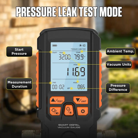 All In One HVAC Digital Vacuum Gauge With Smart Evacuation And Leak Detection Pro Grade Accuracy For Fast Readings In Torr Mbar Hpa InHg Auto Calibration 3 Inch LCD And 7 16 UNF Threads pressure leak test mode display