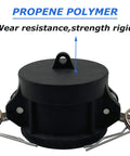 2 Pack Camlock Fittings 2 Inch Type DC Quick Disconnect Polypropylene Cam Lock Couplings With Dust Cap, close-up view