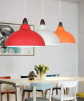 Minimalist Colorful Pendant Light Fixture, Simple Rustic Dome Lamp, Japanese Style Lighting, Red, White, Orange shades over dining table.