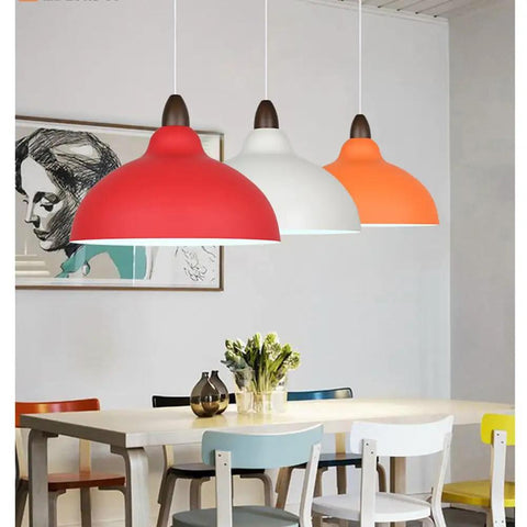 Minimalist Colorful Pendant Light Fixture, Simple Rustic Dome Lamp, Japanese Style Lighting, Red, White, Orange shades over dining table.
