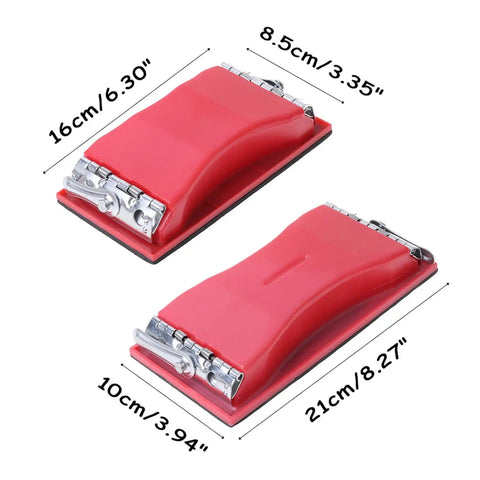 Rectangle Sandpaper Holder With Secure Metal Clips Locks Grit Paper Tight So You Can Smash Through Drywall Prep And Wood Smoothing Jobs Fast Without Wearing Your Knuckles Out, showing two sizes, red design, and metal clips.