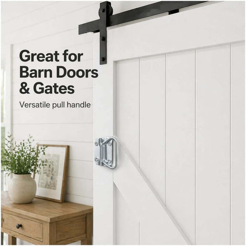 3-1/2 Inch Chest Handles, Two Pack, Steel Surface Mount Pull Ring Handles, zinc plated on white barn door