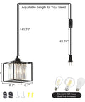 Plug In Pendant Light With Cord In Black Metal Cage And Crystal Accents dimensions and components display