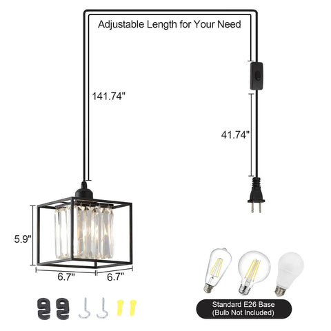 Plug In Pendant Light With Cord In Black Metal Cage And Crystal Accents dimensions and components display