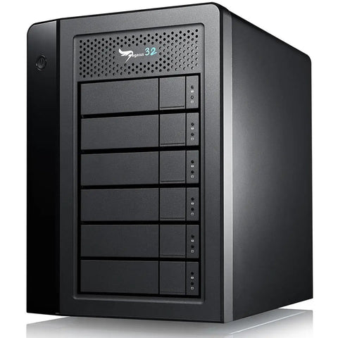 Heavy Duty 60TB External Hard Drive With Thunderbolt 3 And USB 3.2 RAID 6 Direct Attached Storage For 4K Video Editing Setups in solid black housing.