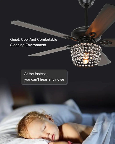 Rad Retro Style Ceiling Fan With Lights And Diamond Crystal Lampshade, five blade rustic wood finish, in bedroom setting
