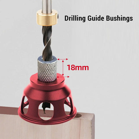 Heavy Duty Vertical Hole Punch Locator And Straight Angle Drilling Jig With 6 8 10 Mm Bushings close-up of red drilling guide bushing