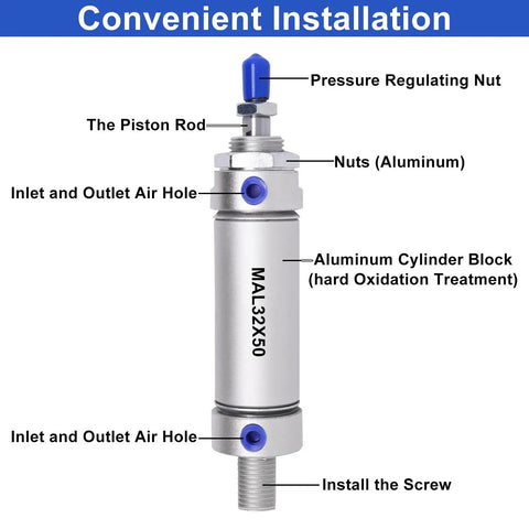 Compact Pneumatic Cylinder Kit With 32mm Bore And 50mm Stroke Double Acting Air Cylinder Including Y Connector And Two Quick Fittings For Easy Plug And Play Action MAL32X50 diagram showcasing components like pressure regulating nut, piston rod, and aluminum cylinder.