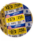 Roll of 250 Ft 12-2 NM-B Romex Wire, 12 AWG Yellow Dry Location Cable For Residential Wiring, clearly labeled details.