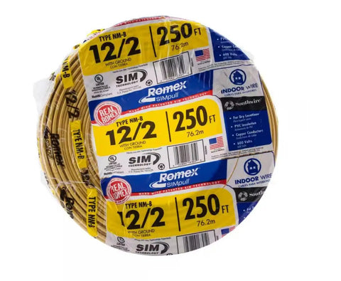 Roll of 250 Ft 12-2 NM-B Romex Wire, 12 AWG Yellow Dry Location Cable For Residential Wiring, clearly labeled details.