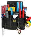 Tough Black 9 Pocket Electrical Maintenance Pouch With Belt Clip And Belt Loop Detachable Tape Sling And Heavy Duty Clip On Back For Contractors For Pros. Black 600D pouch filled with tools