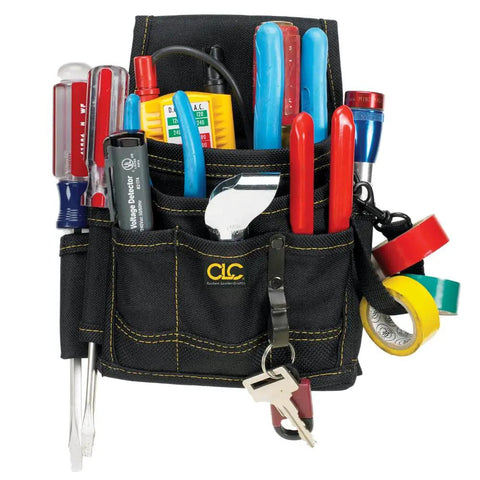 Tough Black 9 Pocket Electrical Maintenance Pouch With Belt Clip And Belt Loop Detachable Tape Sling And Heavy Duty Clip On Back For Contractors For Pros. Black 600D pouch filled with tools