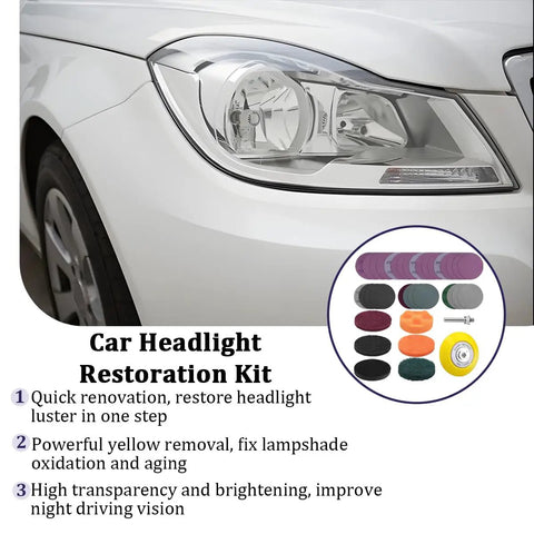 38 Piece Car Headlight Restoration Kit For Your Ride With 3 Inch Polishing Discs And Sanding Discs shown near vehicle headlight