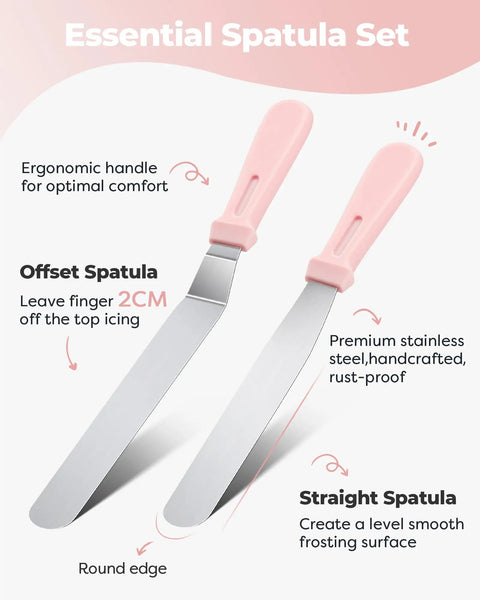 Two pink-handle spatulas in the All In One Cake Decorating Kit With Turntable And 12 Piping Tips Set, offset and straight styles shown.