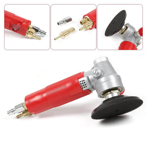 Side view of red 4-inch pneumatic grinder with black polishing pad and brass adapters