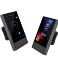 Two Channel WiFi Smart Wall Switch Panel with touchscreen display, showing temperature and control icons, angled view. Color: Black.