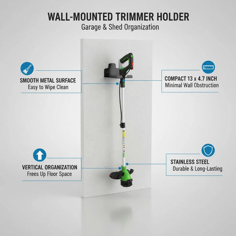 Wall Mount For String Trimmers And Weed Eaters Vertical Garage And Shed Tool Holder with trimmer mounted, 13x4.7 inch, steel.