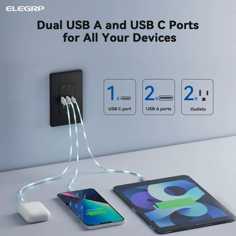 3 USB Ports Wall Outlet With USB C And USB A, 30W Total Output, 6.0A Fast Charge in use charging devices, matte black finish