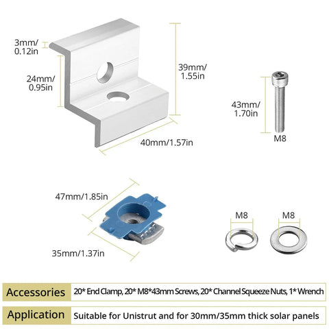Solar Panel End Clamp Pack Of 20 For Standard Unistrut 30mm 35mm Aluminum Silver With 304 Stainless Steel Screws Built Tough For Outdoor Installations diagram