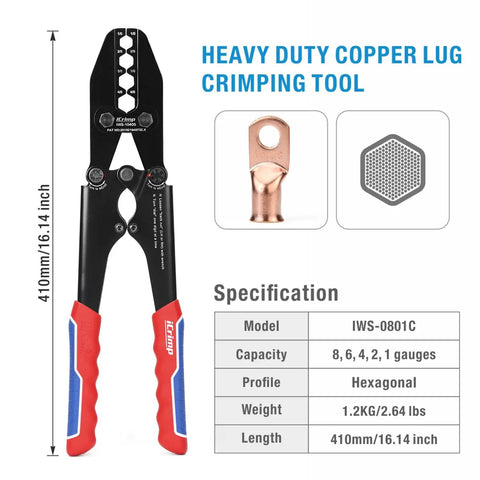 Heavy Duty Battery Cable Lug Crimping Tool For 1/0 2/0 3/0 4/0 AWG Lugs, Copper Wire Lug Crimper With Ergonomic Handle