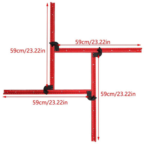 Adjustable Router Jig For Cutting Boards And Grooves, Square Template Guide With A 23.6 By 23.6 Inch Frame, in red, shown with dimensions