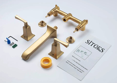 Heavy Duty Bathroom Wall Faucet Built With Solid Brass, Wall Mount Design With Metal Lever Handles, Rough In Valve Included, Brushed Gold Finish That Resists Rust, Salt Spray Tested, Built To Last, Easy To Install - parts layout on white background