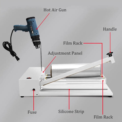 2 In 1 Manual Heat Sealing And Cutting Machine For Shrink Wrap with hot air gun, film rack, and adjustment panel.