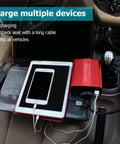 Heavy Duty 300 Watt Car Power Inverter Transforms Dc 12 Volt To 110 Volt Ac Output Featuring Dual Usb Port And Built In Fuse Ideal For Road Warriors And No Sweat Camper Adventures charging a smartphone and tablet in a car.