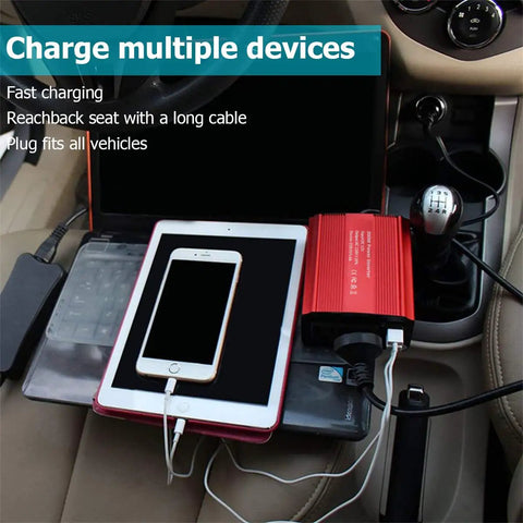 Heavy Duty 300 Watt Car Power Inverter Transforms Dc 12 Volt To 110 Volt Ac Output Featuring Dual Usb Port And Built In Fuse Ideal For Road Warriors And No Sweat Camper Adventures charging a smartphone and tablet in a car.