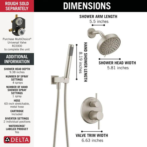 Slick Brushed Nickel Shower System Valve Trim Kit Featuring A Badass 6 Inch Rainfall Head And Wall Mount Handheld With Integrated Diverter Plus SpotShield Stainless Resistant Finish For A Total Modern Flex