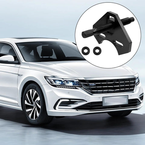 Front view of white car with circular inset showing a hub puller tool and two washers