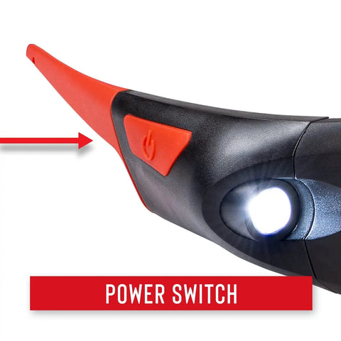 Power switch on Rechargeable Lighted Safety Glasses With Tilt-And-Twist Optic ANSI Z87 Approved, close-up view