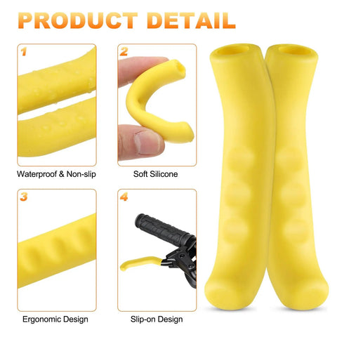 Yellow silicone brake lever covers detail, ergonomic, soft, waterproof, highlighting slip-on design for grippy handlebars.
