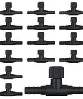 15 Pack Aquarium Air Flow Valves For 3/16 Inch ID Airline Tubing T Shaped Adjustable Black Plastic Air Flow Regulator For Fish Tank Prevent Backflow And Maintain Clear Oxygen Rich Water arranged in rows with adjustable knobs.