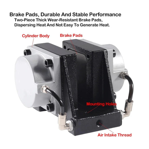 Front view of DBZ-20 pneumatic disc brake cylinder with mounting holes, gray body and brake pads.