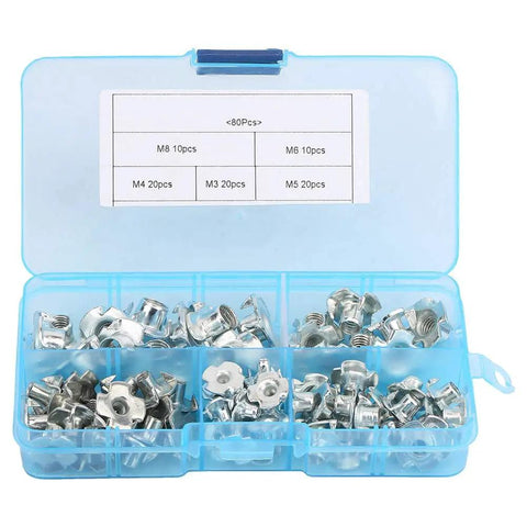 Heavy Duty Carbon Steel T Nut Kit for Woodworking and Furniture, 80 Piece Set with M3 M4 M5 M6 M8 Tee Nuts, open blue case