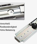 Heavy Hauler Extension Drawer Slides With Glides Like Butter Rail Track close-up, showing durable steel structure and locking mechanism.
