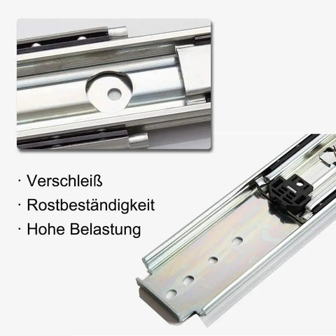 Heavy Hauler Extension Drawer Slides With Glides Like Butter Rail Track close-up, showing durable steel structure and locking mechanism.